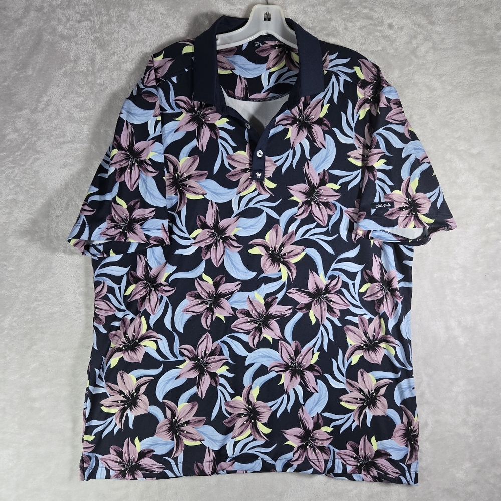 Bad Birdie Core Golf Polo Mens Size 2XL XXL Navy Blue Lilly Flower Short Sleeve